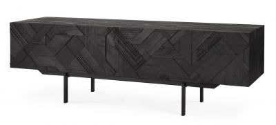 Schwarzes Graphic TV Möbel aus Teakholz von Ethnicraft mit geometrischem Muster und Metallbeinen.